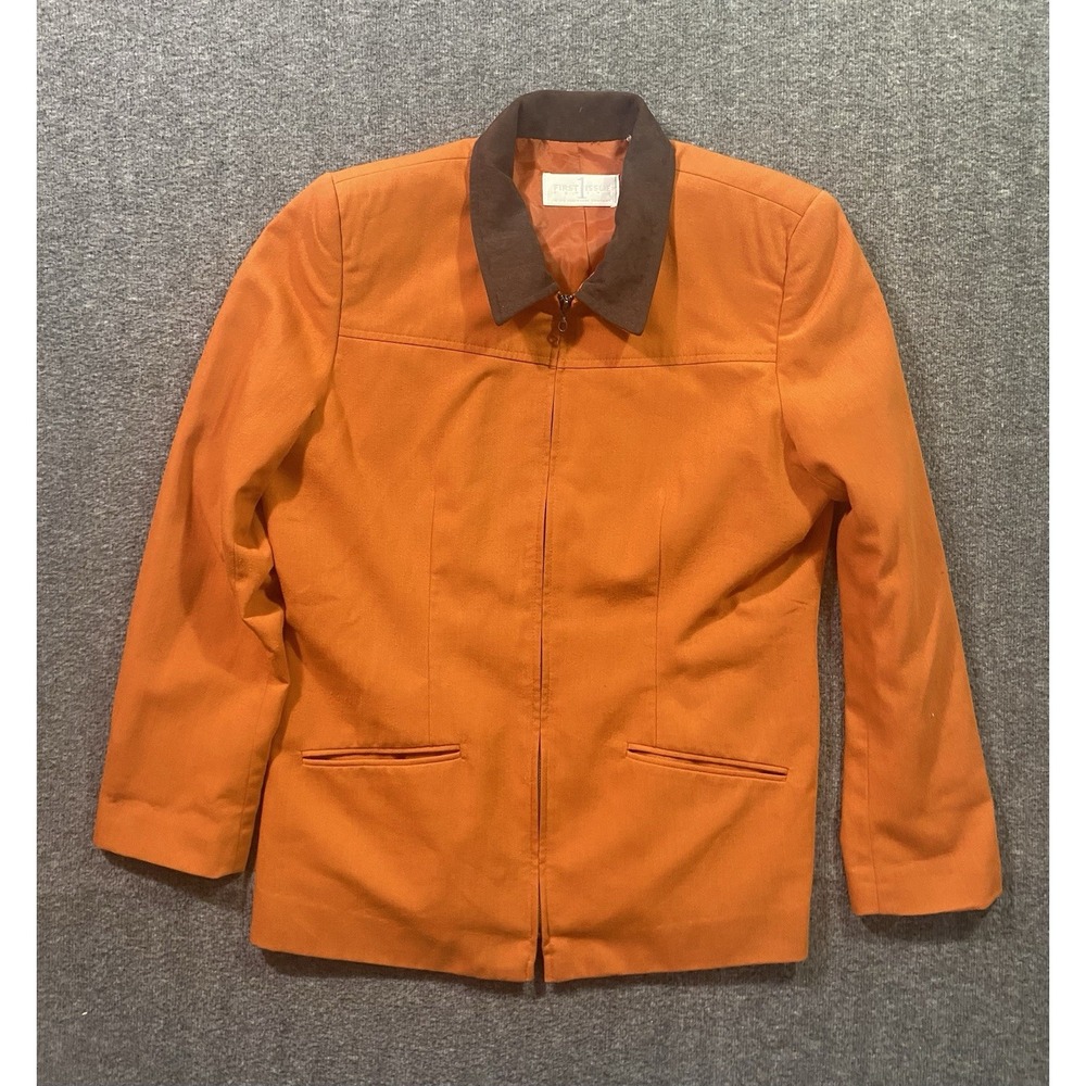 Retro Orange Zip Up Blazer With Brown Collar, Women's Size 10